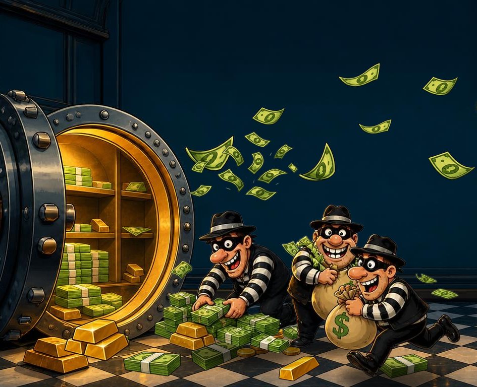 Bank Job: cartoon robbers grabbing money and gold from an open bank vault